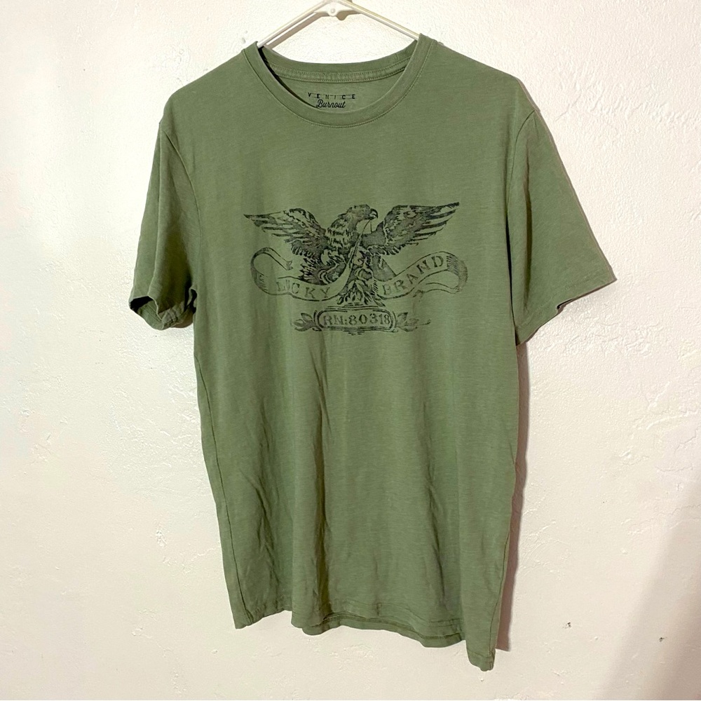 Lucky Brand Men’s Venice Burnout Tee Good Luck Eagle Medium Army Faded Green
